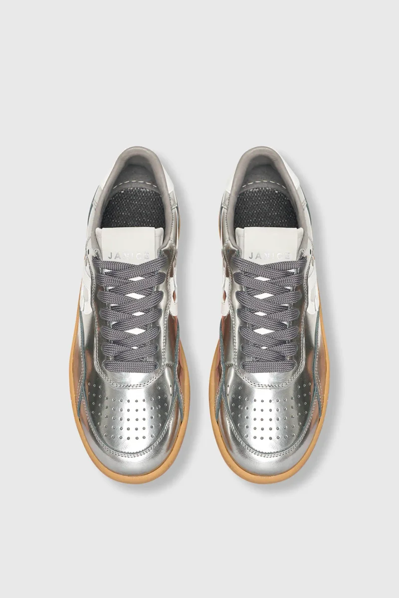 Damen-Handball-Sneaker im Vintage-Stil von Stanley in Silber mit Spiegeleffekt
