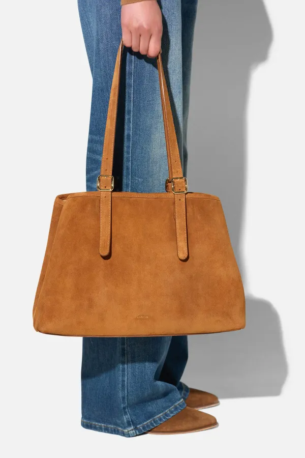 Suede Leren Dames Handtas Shopper Harper Cognac