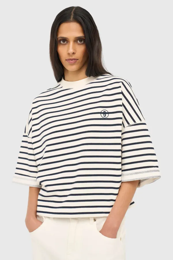 Women's Blue and White Striped Cotton Sweater by Aiden