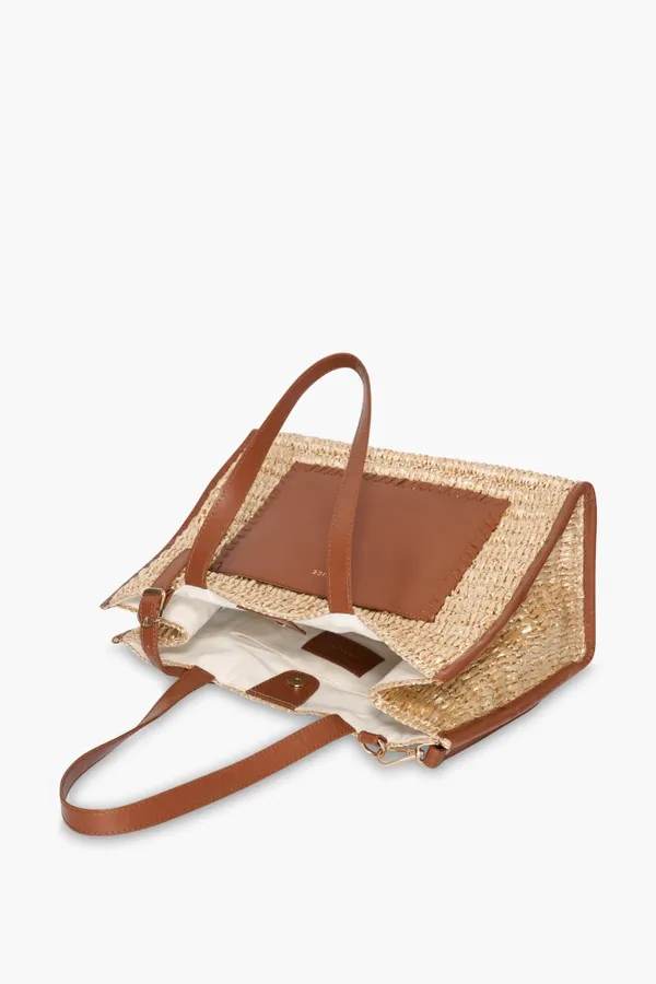 Tasche aus Raffia und Leder, Leo, Natur, Beige, mittelgroß