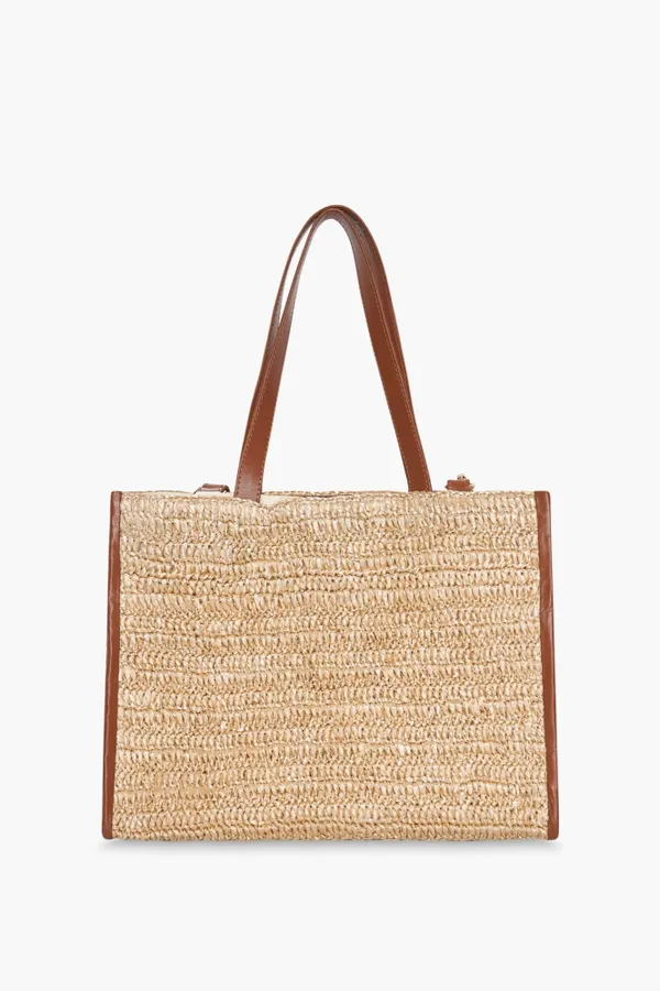Tasche aus Raffia und Leder, Leo, Natur, Beige, mittelgroß
