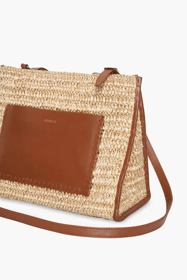 Tasche aus Raffia und Leder, Leo, Natur, Beige, mittelgroß