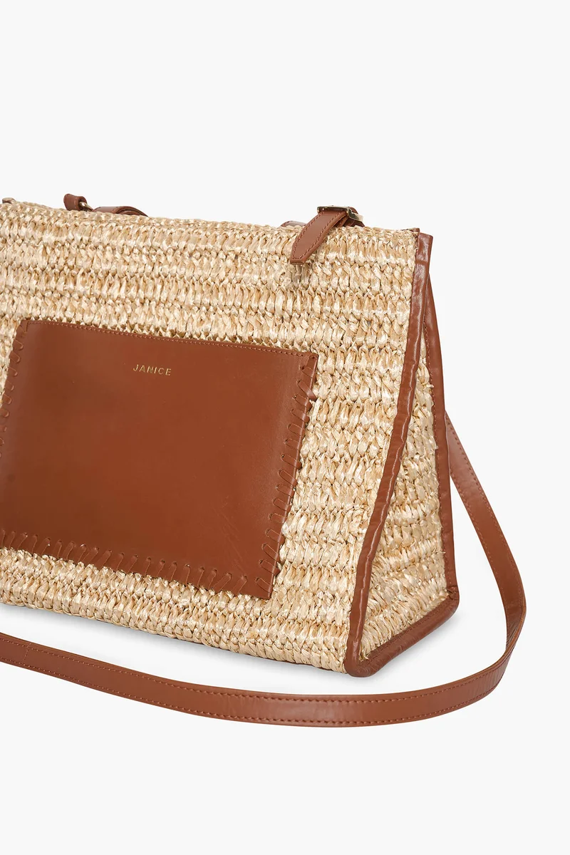 Tasche aus Raffia und Leder, Leo, Natur, Beige, mittelgroß