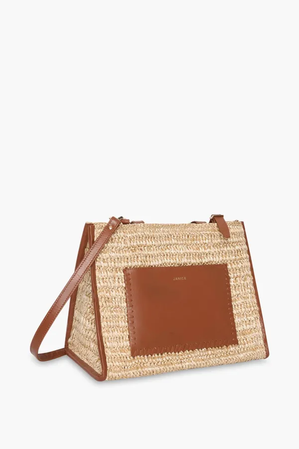Tasche aus Raffia und Leder, Leo, Natur, Beige, mittelgroß