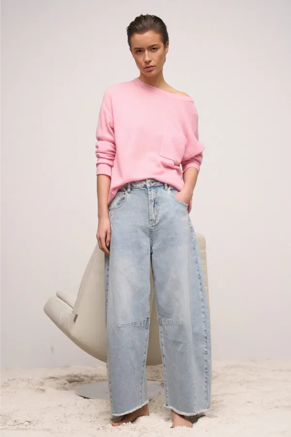 Kaschmir-Damenpullover mit weitem Ausschnitt, Dayton, Rosa