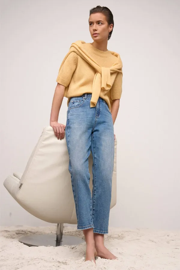 Women's Short-Sleeve Cashmere Sweater, Yellow, Eloi