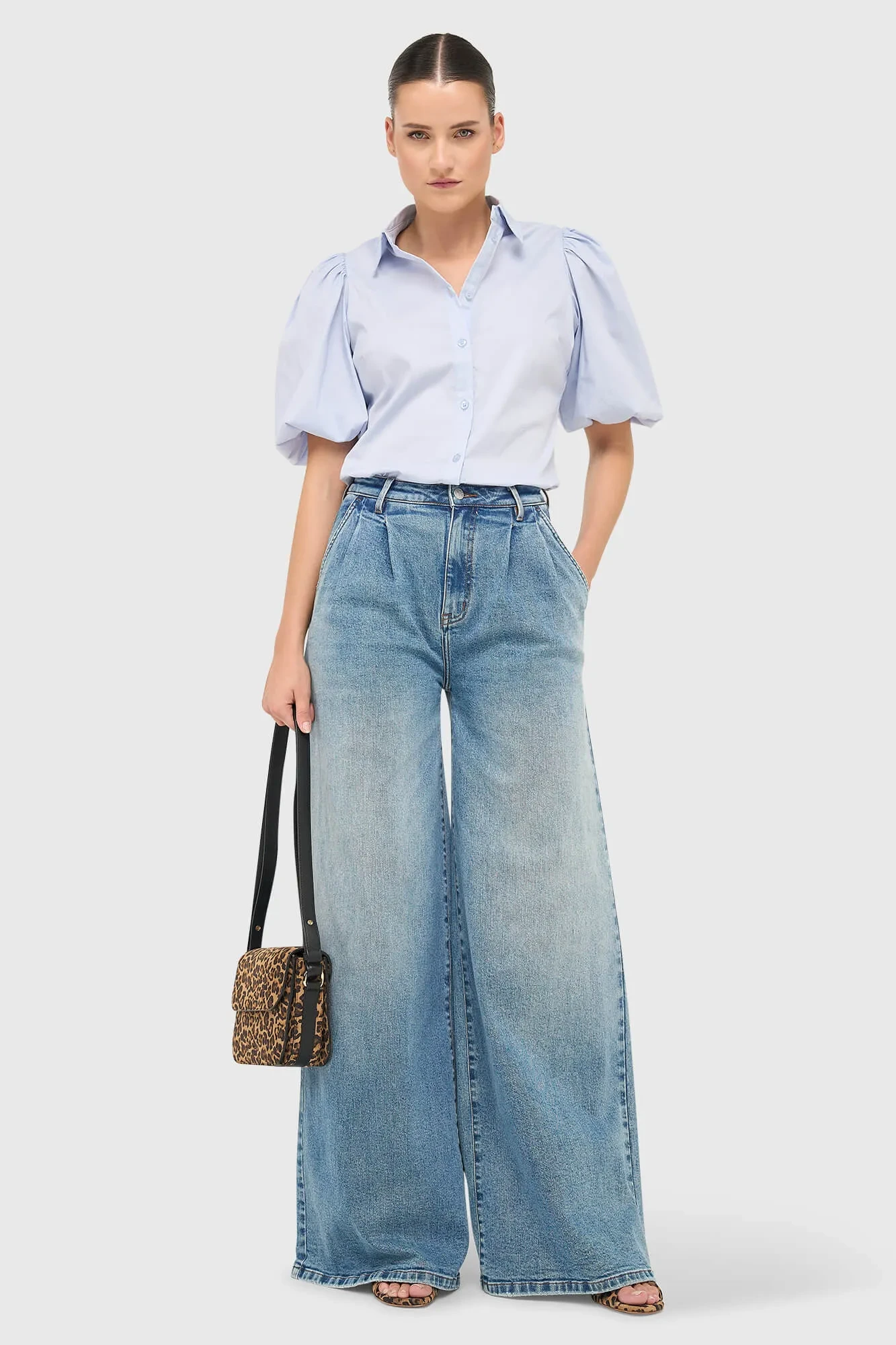 Wide-Leg Stretch High-Rise Jeans, Dollar Blue, Size 379