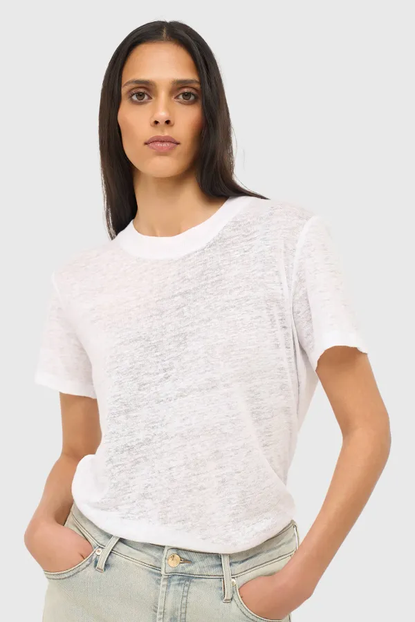 Weißes Leinen-Damen-Shirt mit Rundhalsausschnitt Ron