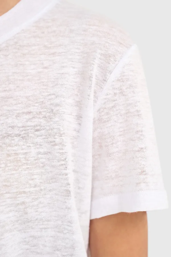 Weißes Leinen-Damen-Shirt mit Rundhalsausschnitt Ron