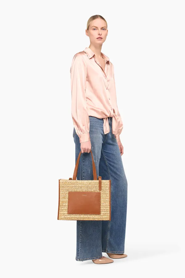 Tasche aus Raffia und Leder, Leo, Natur, Beige, mittelgroß