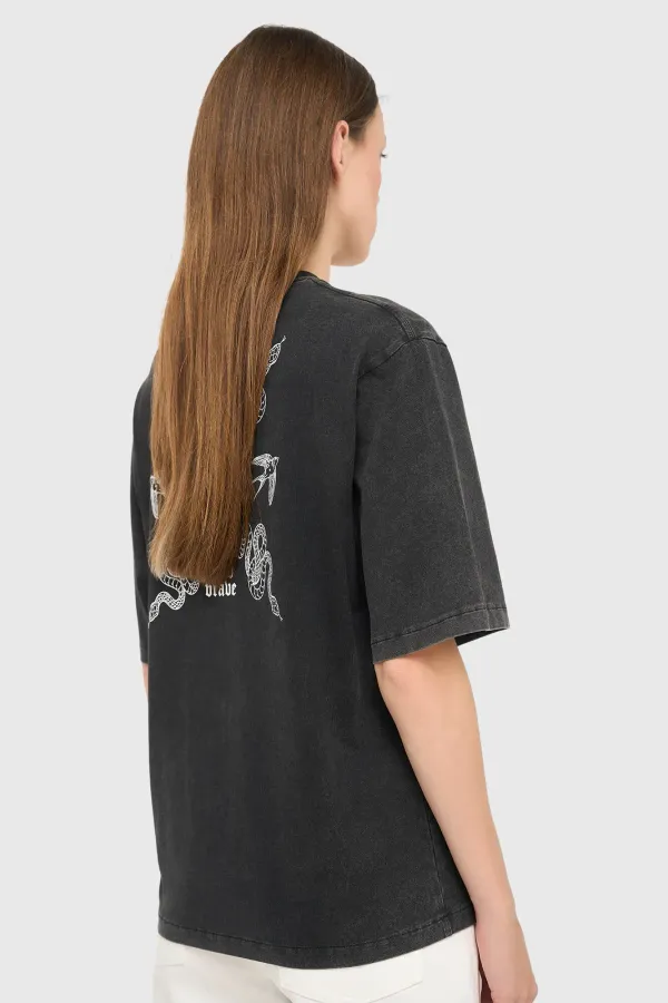 Schwarzes Damen-Shirt aus Baumwolle mit Schlangenprint – Adam