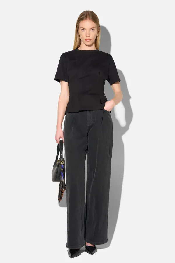 Zwart Katoenen Dames Shirt Plooien Taille Keon