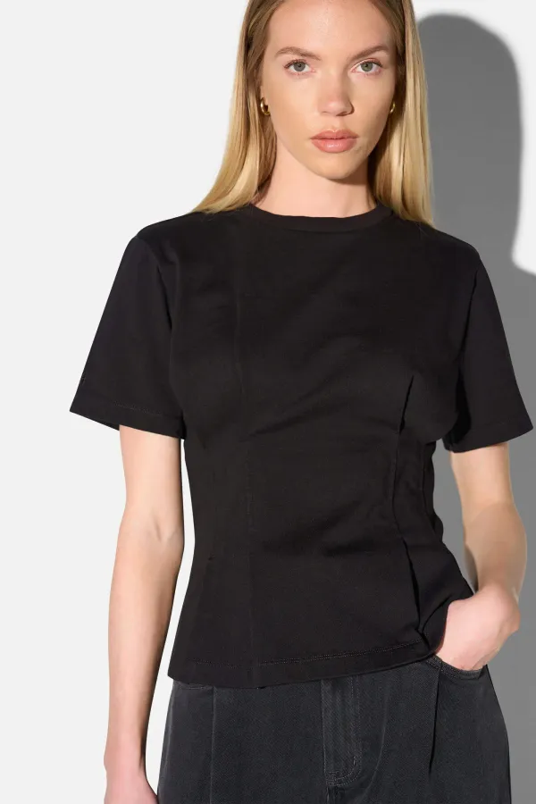Zwart Katoenen Dames Shirt Plooien Taille Keon
