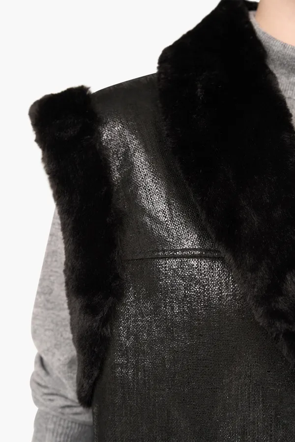 Leren Dames Vest Justin Zwart Metallic Bont