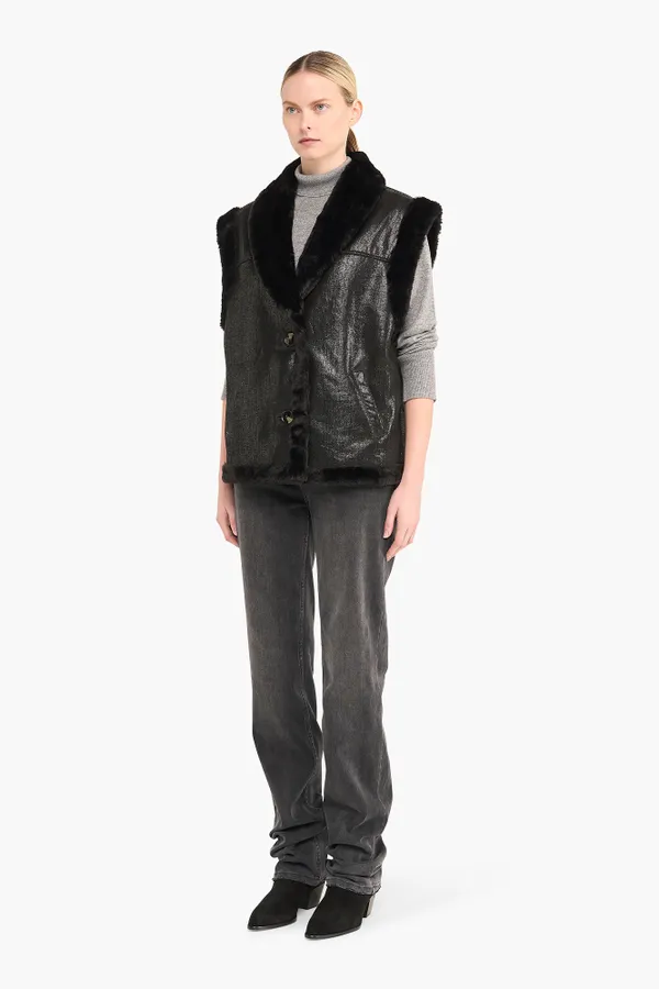 Leren Dames Vest Justin Zwart Metallic Bont