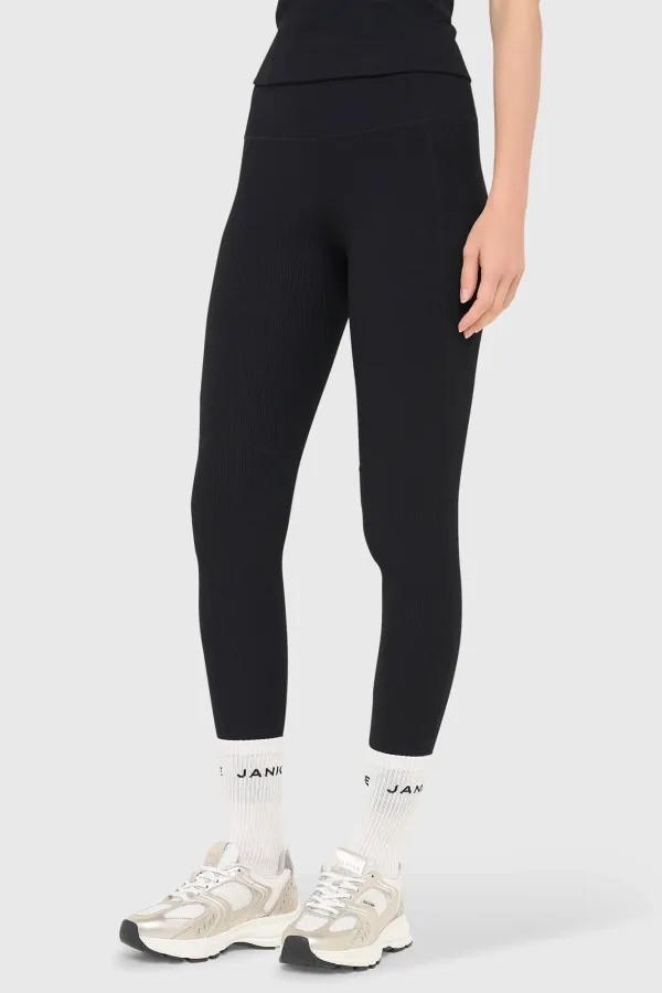 Women's Black Ribbed Sports Activewear Leggings Ye